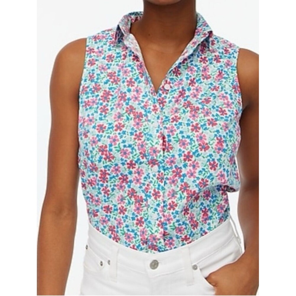 J. Crew Pink Blue Floral Sleeveless Button-Front Poplin Sleeveless Shirt Sz M